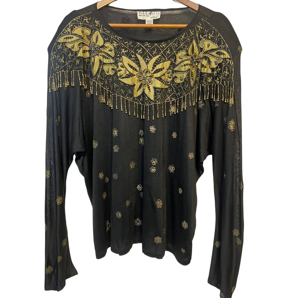 VTG Zell Ucci Bali Collection Top  All Size Black & Gold Floral Beed's Party Off